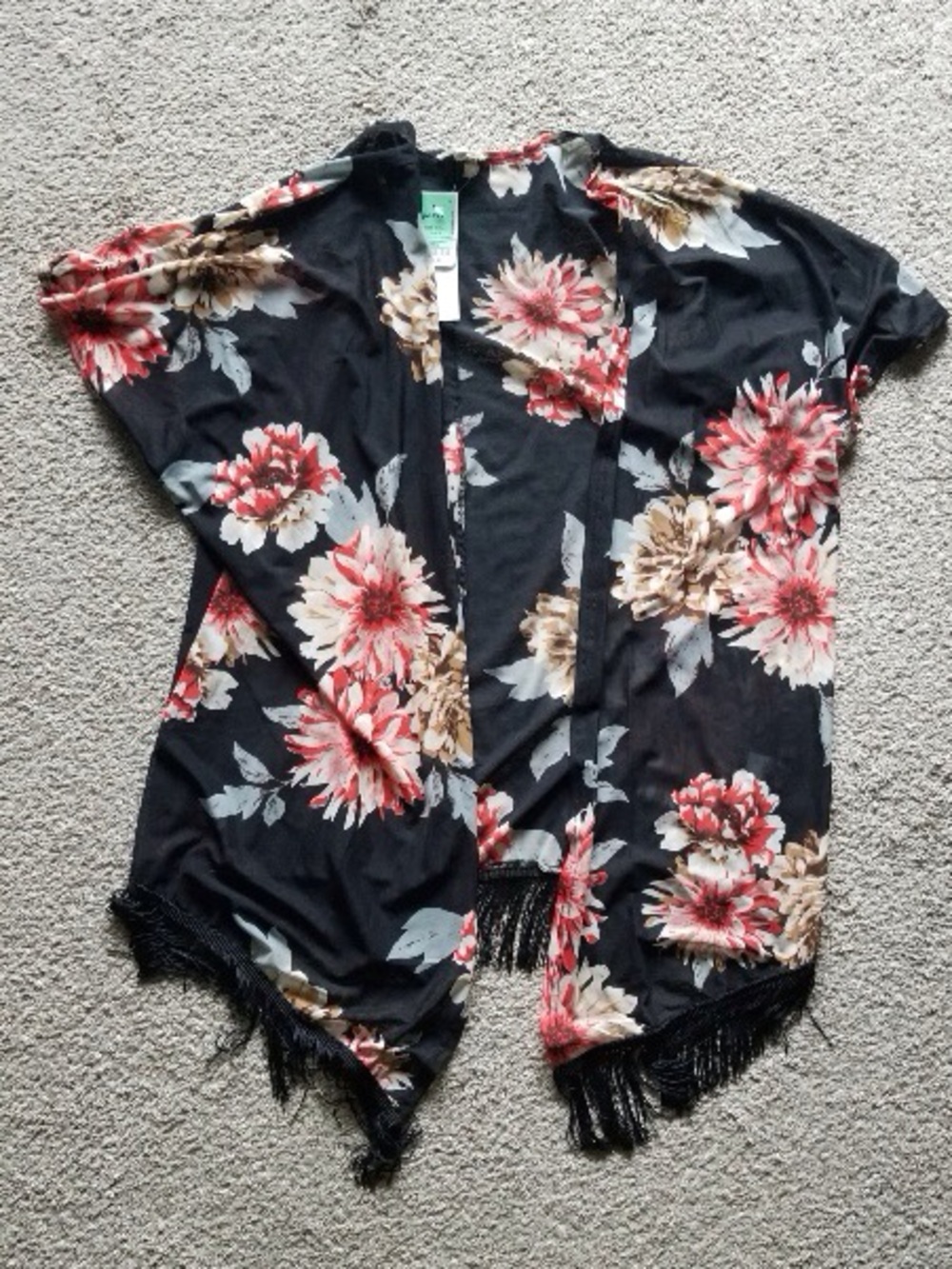 Siren Lily Black Floral Fringe Kimono with Red and Cream Blooms - Picture 6 of 7